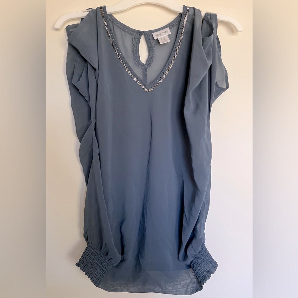 XS Sheer Cold-Shoulder Blouse by Motherhood Maternity. Beaded neckline. EUC.